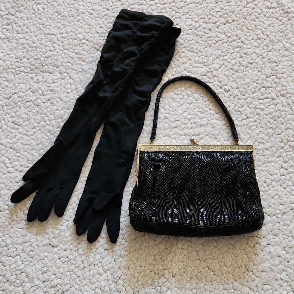 Vintage Black Beaded Bag Clutch Gold Clasp Closure & Black Long Evening Gloves